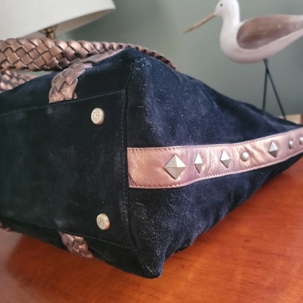 Donald J. Pliner Black Suede Braided Leather Tote Shoulder Bag Y2K